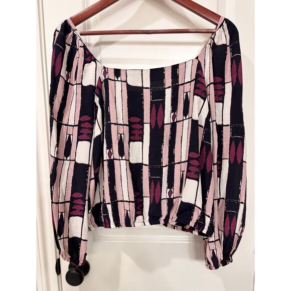 Anthropologie The Odells Eloise Purple Abstract Elastic Waist Blouse Size Small - Picture 5 of 9